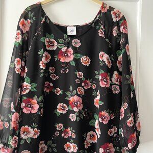 CAbi Garden Floral Blouse, Pink and Black, Sheer Chiffon, Medium #3595